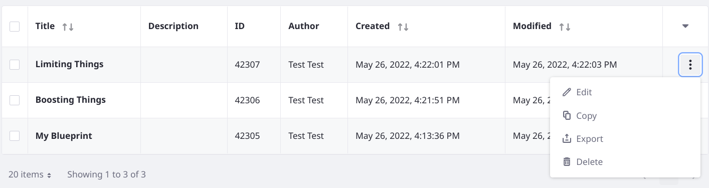 Edit, delete, or export a Blueprint from its Actions menu.