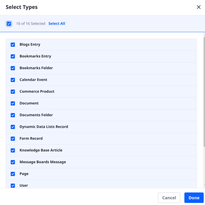 The Select Types modal is used for bulk management of the assets to be searched.