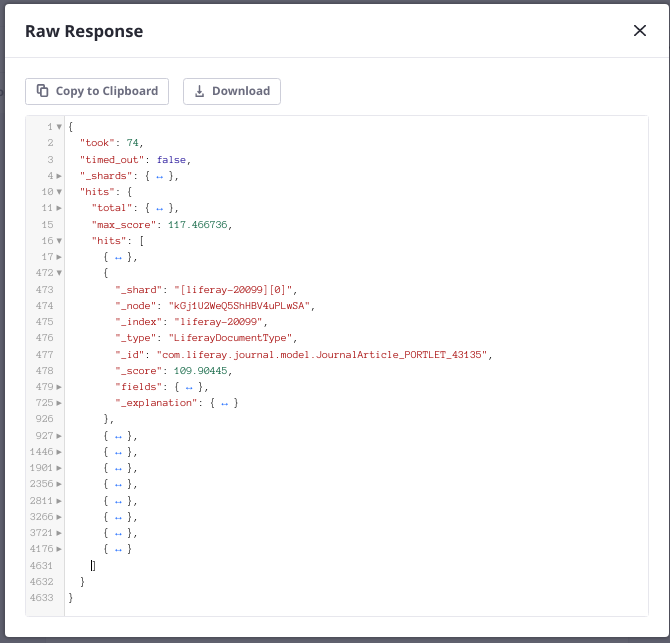 View the raw response string returned from Elasticsearch.