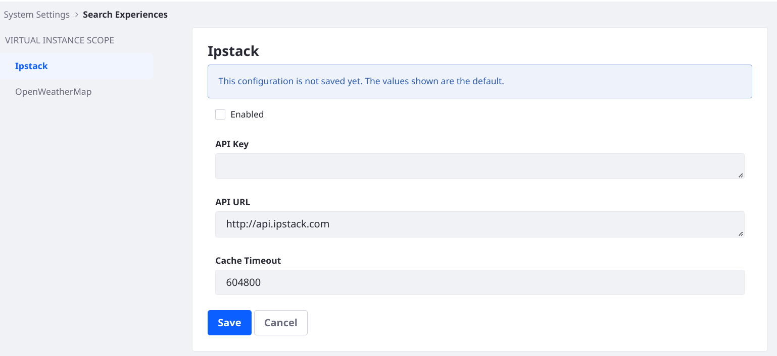 ipstack サービスと OpenWeatherMap サービスを設定して、Search Blueprints でジオロケーション機能を有効にします。