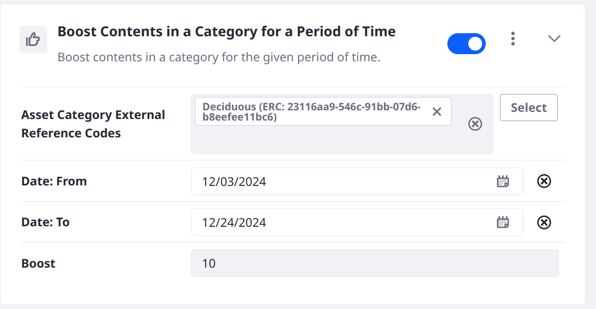 Boost results with a certain Category in the given date range.