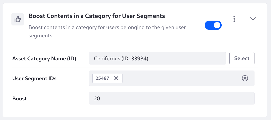 Boost results with a certain Category for users in the given Segments.