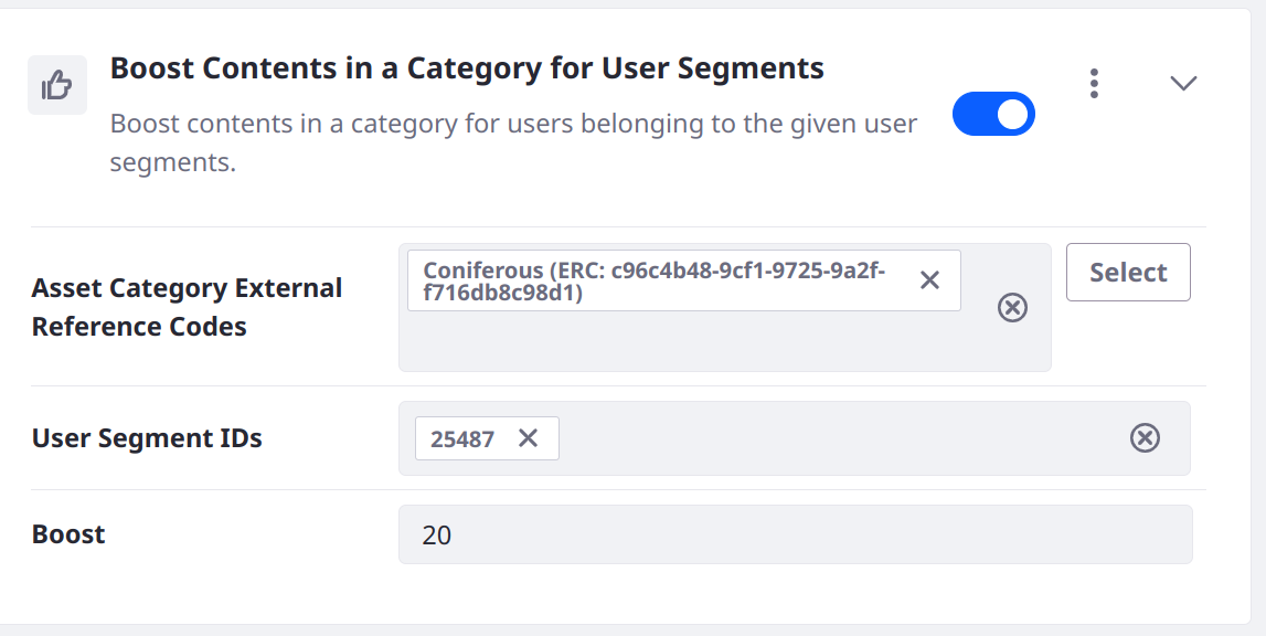 Boost results with a certain Category for users in the given Segments.