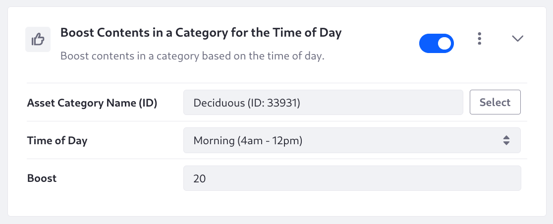 Boost results with a certain Category during the given time of day.