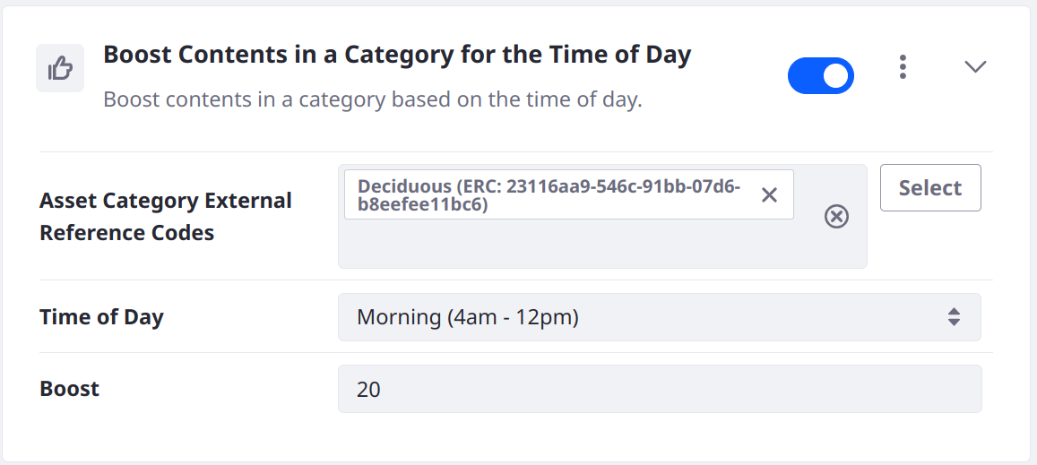 Boost results with a certain Category during the given time of day.