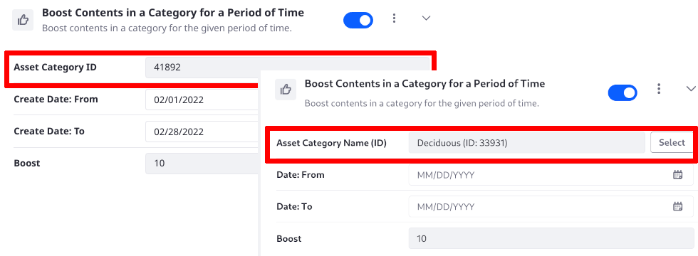 Select asset categories and sites instead of entering their IDs.