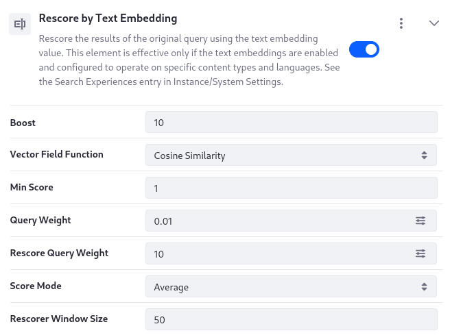 The Rescore by Text Embedding element brings basic semantic search to Liferay.