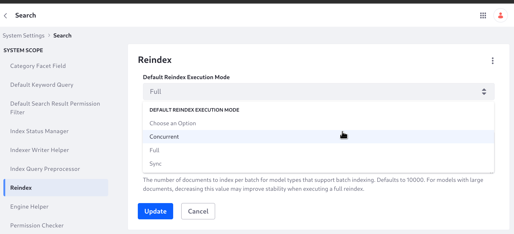 The default reindexing mode is configurable.