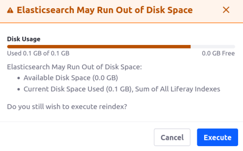 You're warned if Liferay estimates insufficient disk space for a concurrent reindex.