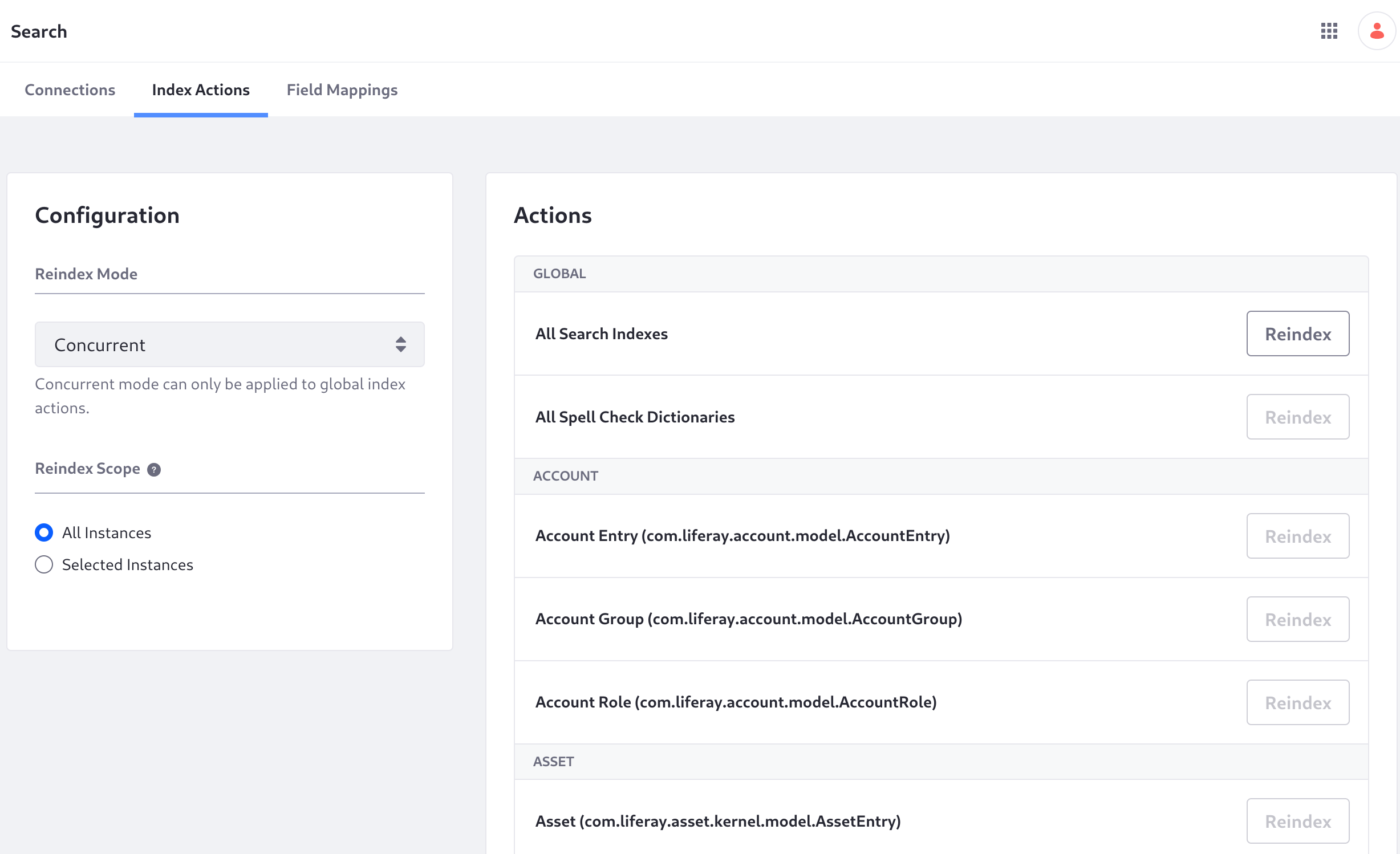 Reindex using the Index Actions user interface.