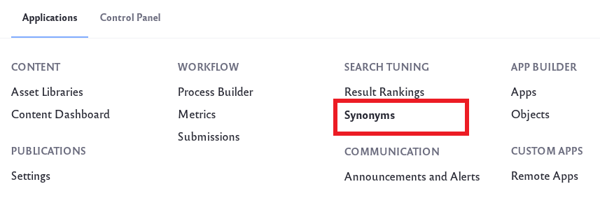 Navigate to the Synonyms section in the Applications menu