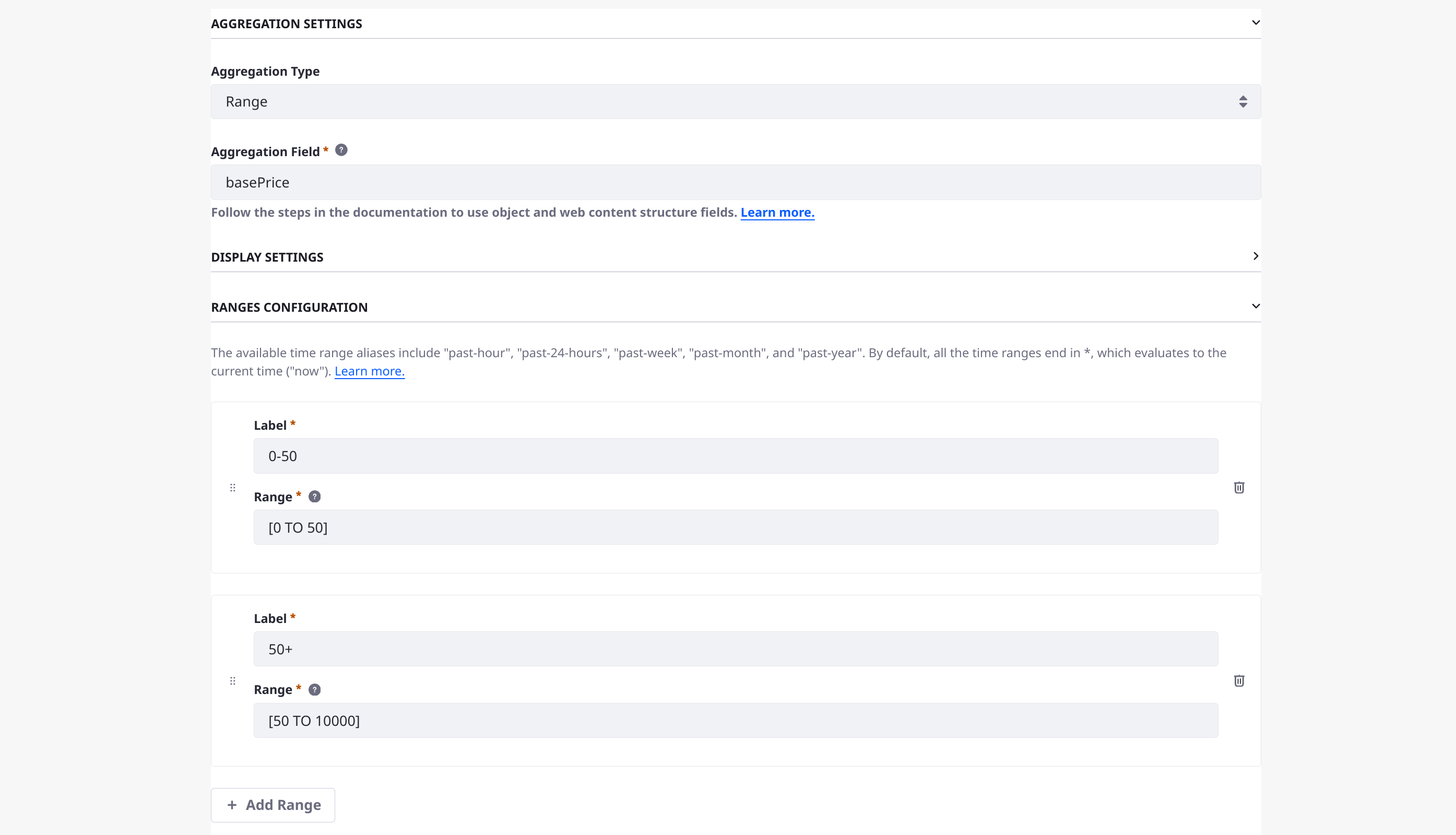 Set custom ranges as facet terms for numeric data.