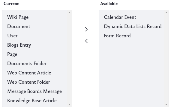 Use the right and left arrows to add or remove asset types.