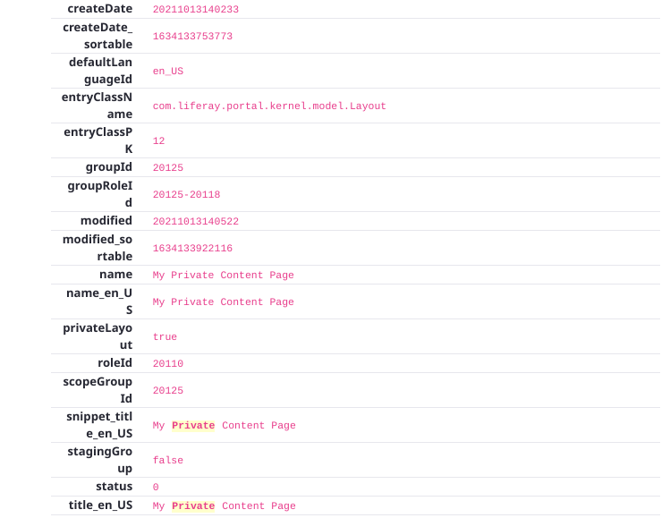 Inspect the document view of a content page to see what fields are indexed.