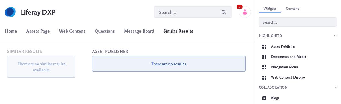 Page with an Asset Publisher widget and Similar Results widget.