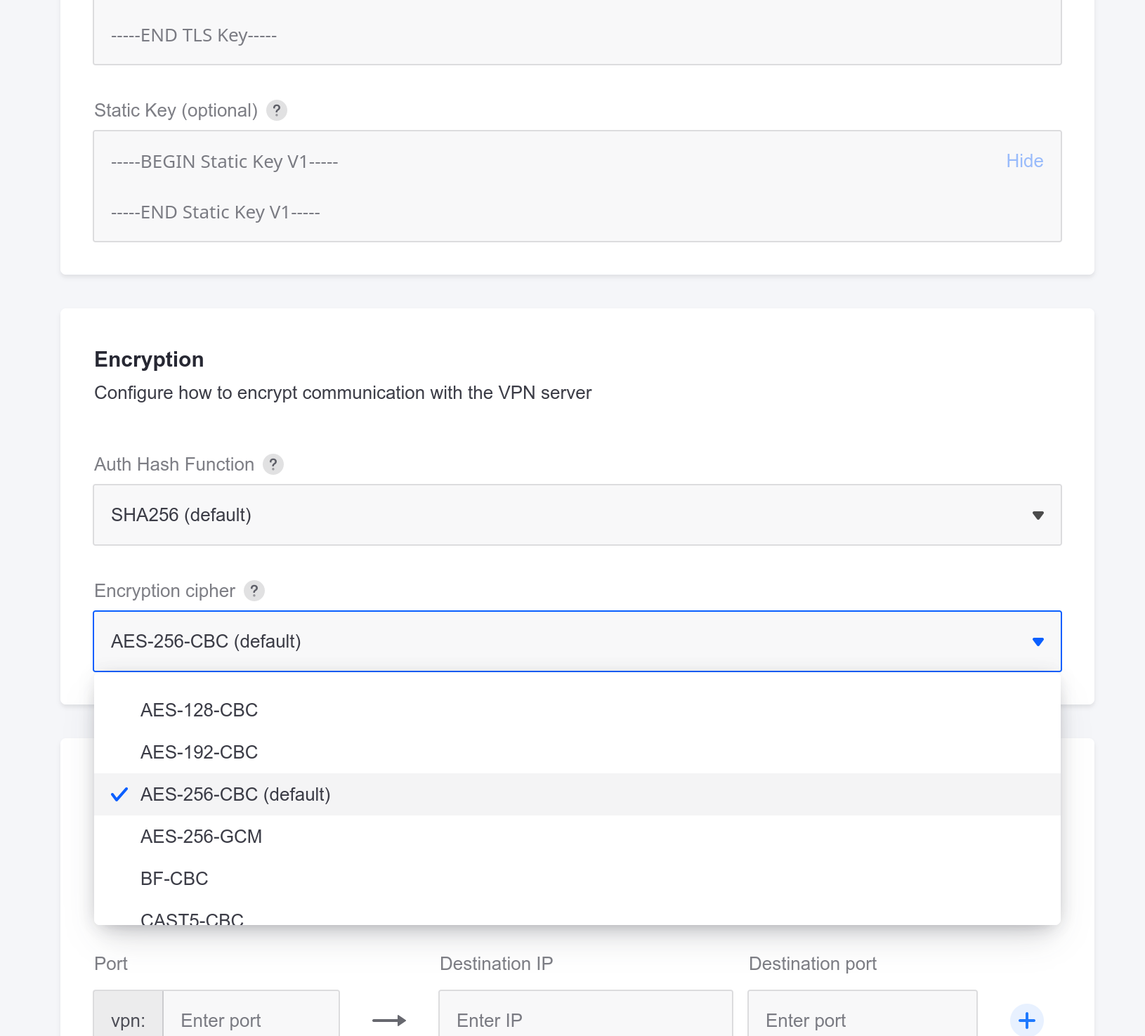 Change the auto hash function and encryption cipher to the desired algorithms while you're setting up your VPN connection.