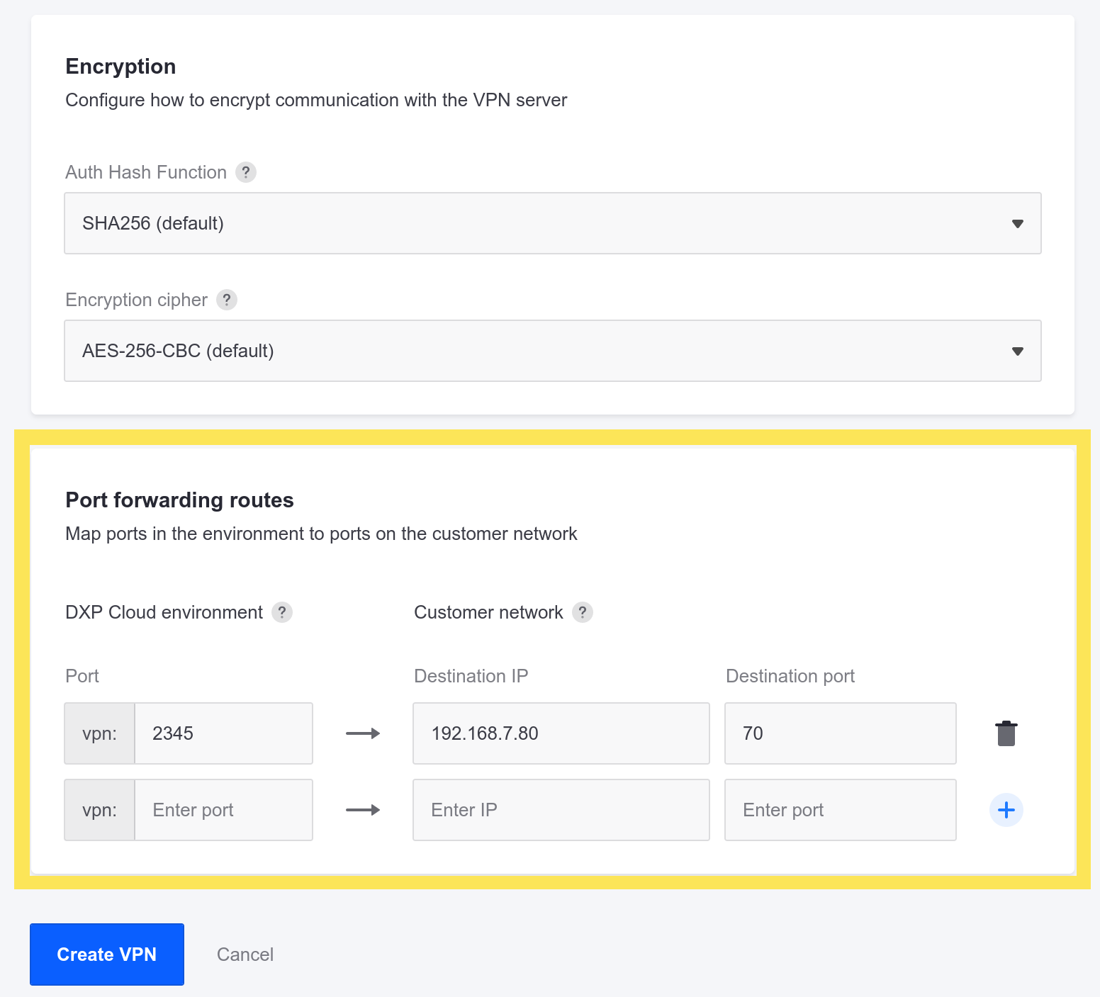 Add one or more port forwarding routes before creating the VPN connection.