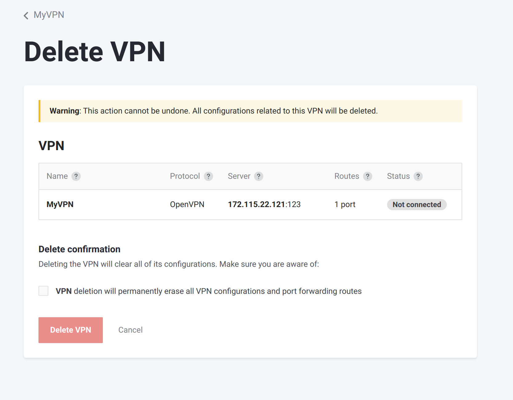 The Delete VPN page.