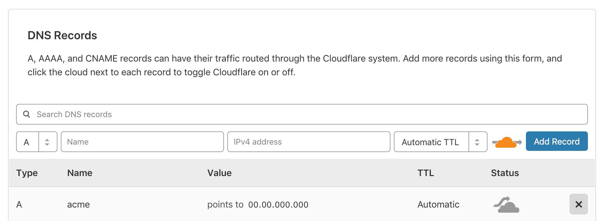 図2：この例では、Cloudflareをドメイン名レジストラとして使用し、DNSレコードを作成しています。