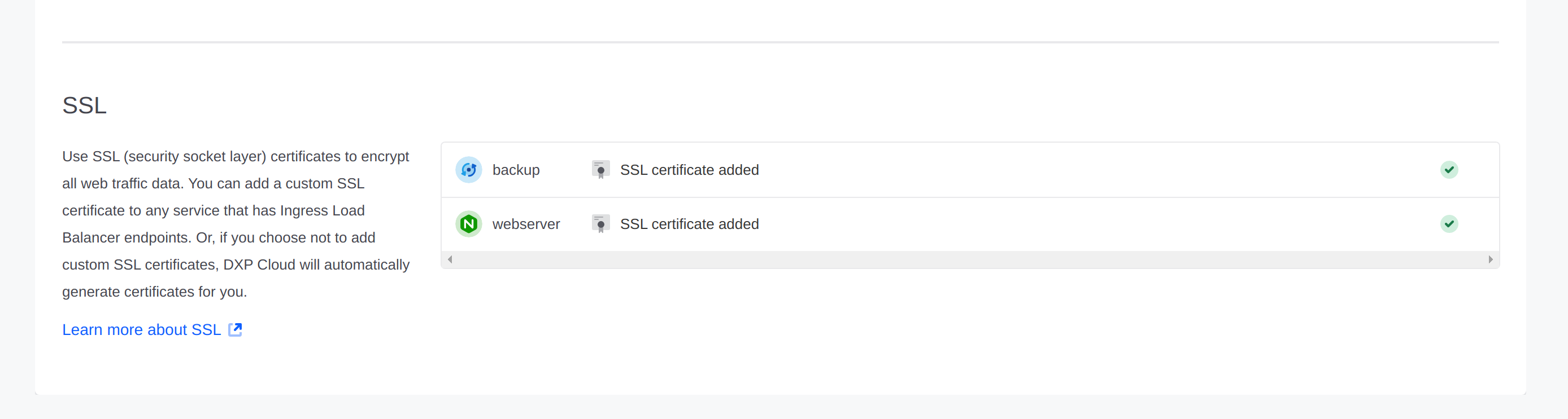 Liferay Cloud shows the status of SSL certificates that cover custom domains.