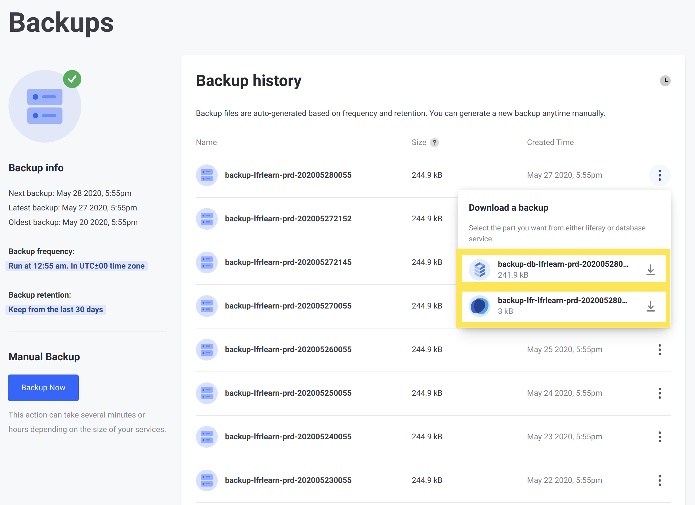 Click each option to download both the data volume and database archives.