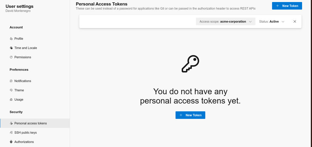 Create a personal access token for Azure, which cannot be accessed again later.