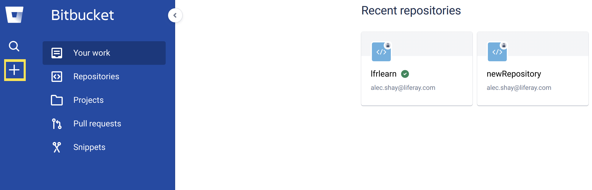 Click the + icon to begin creating a new BitBucket repository.