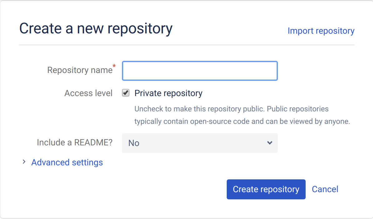 Fill in the details for your new repository.