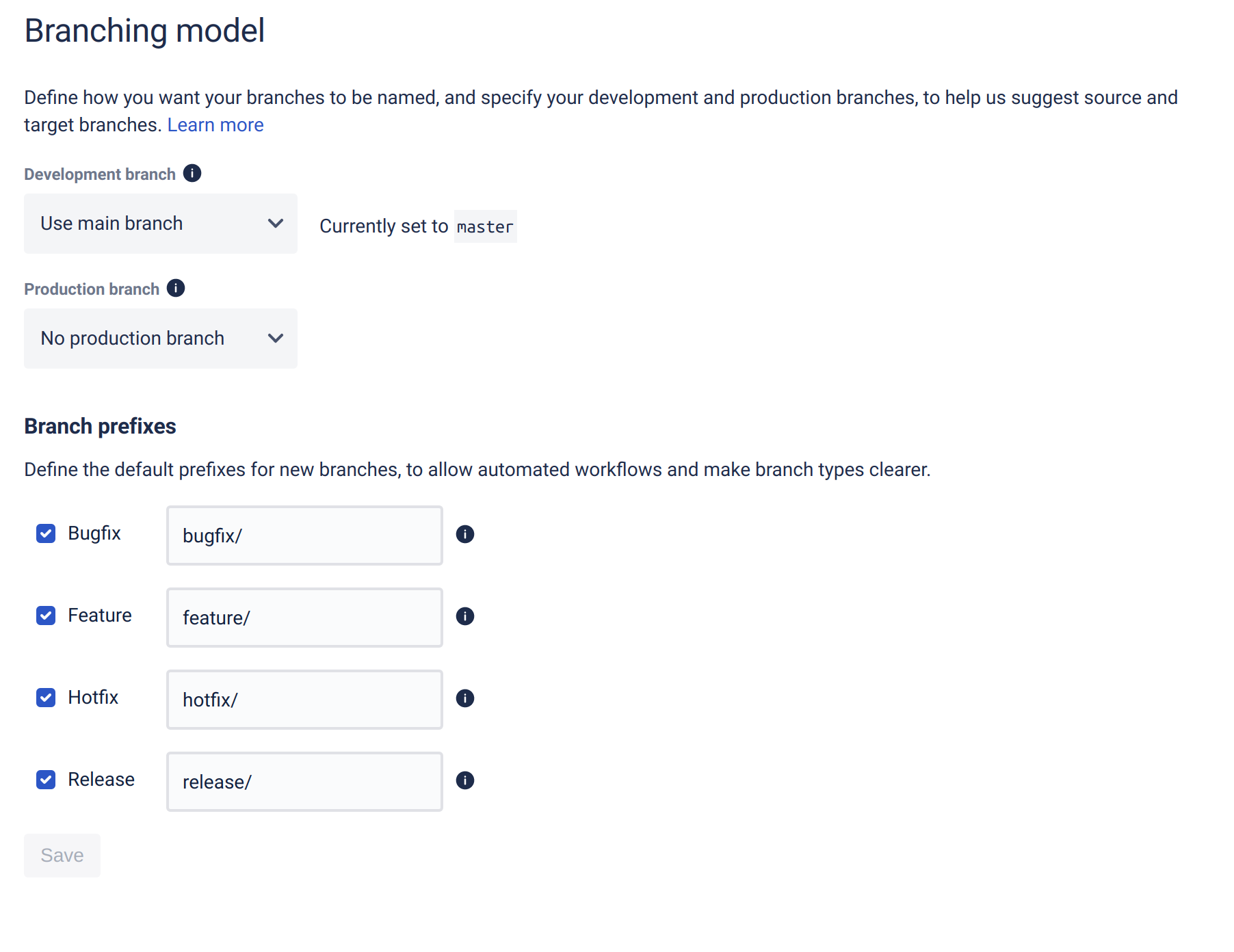 The default branch types (and prefixes) for a Bitbucket repository are bugfix/, feature/, hotfix/, and release/.