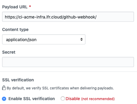 Figure 1: Specify the payload URL and content type, and enable SSL verification.