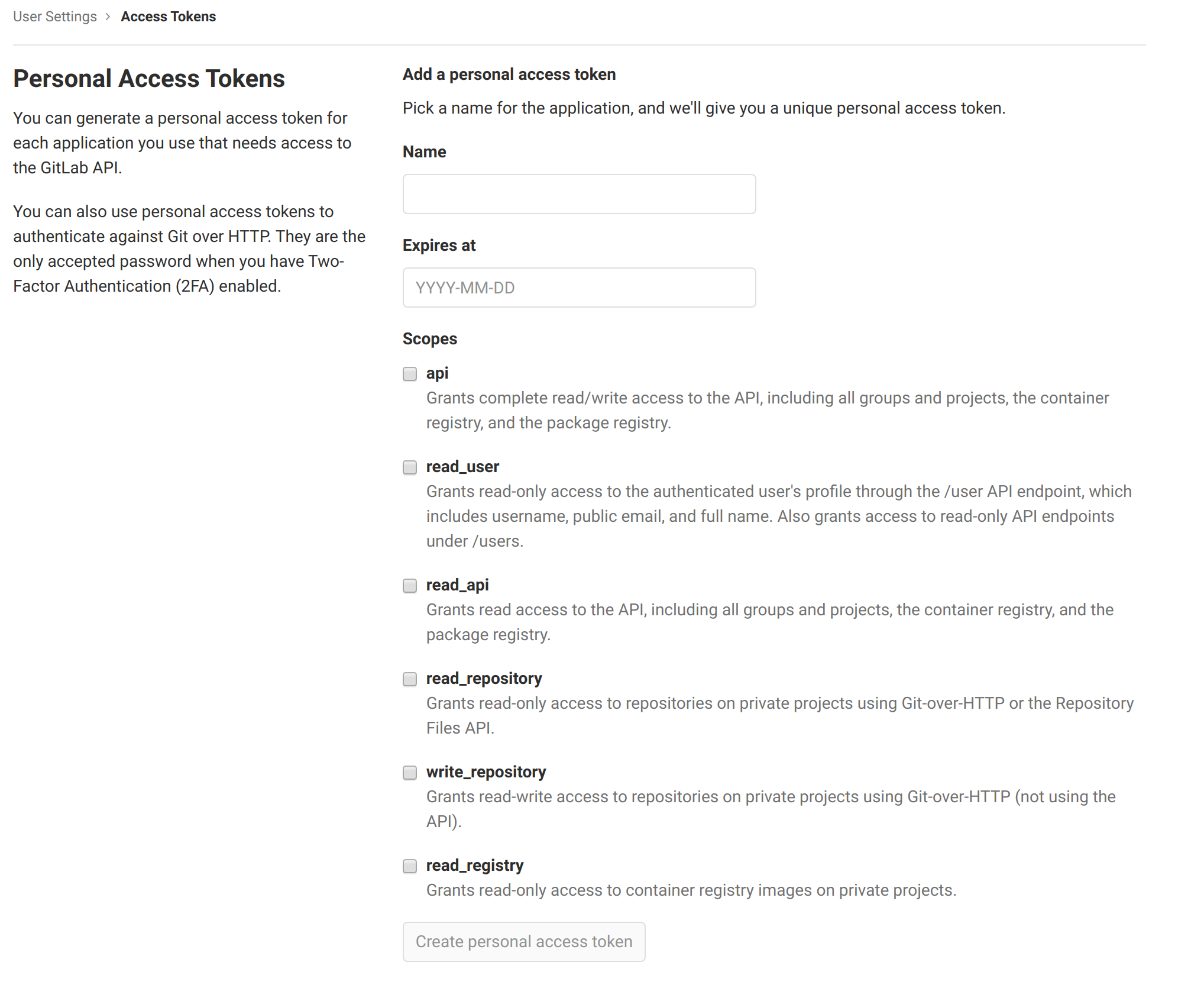 Create a personal access token for GitLab, which cannot be accessed again later.