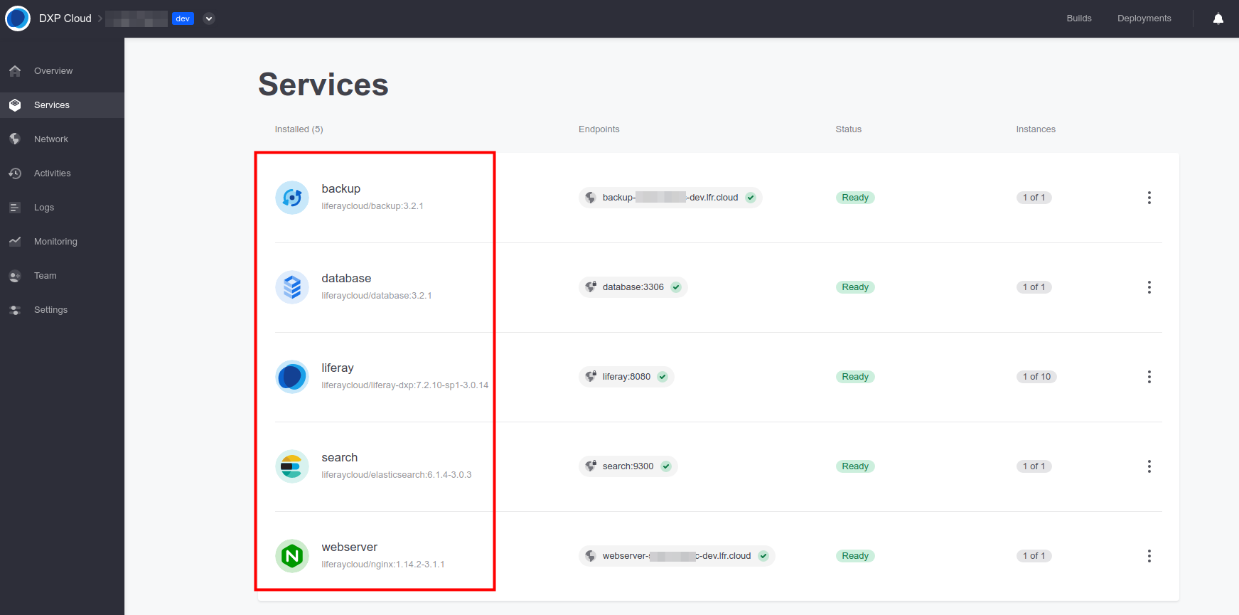 Figure 5: View the status of Liferay Cloud Stack services on the Services page.