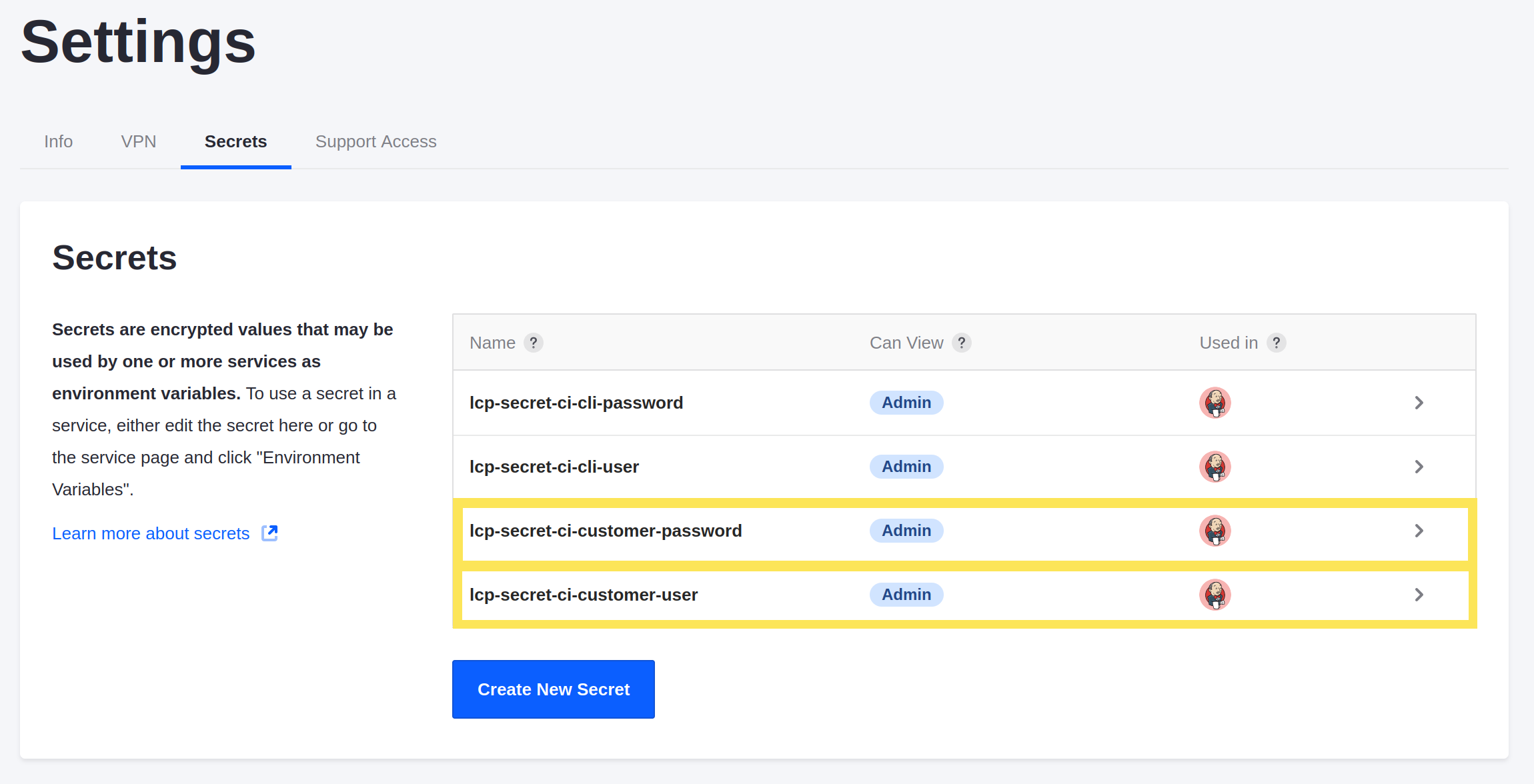 The lcp-secret-ci-customer-user and lcp-secret-ci-customer-password secrets contain your login credentials.