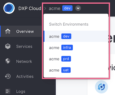 Figure 1: You can access your project's environments from this selector menu.