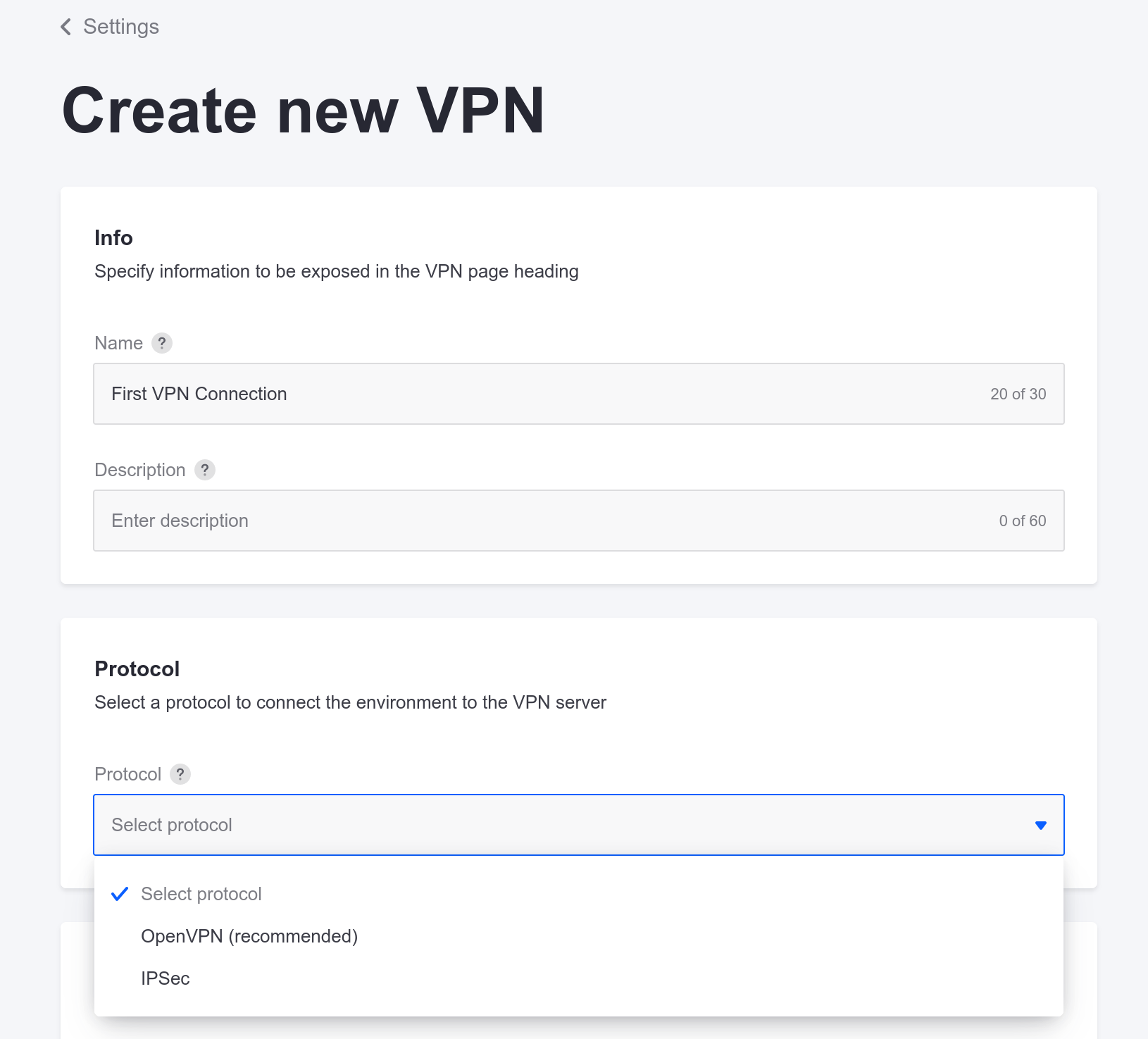VPNへの接続に使用するプロトコルを選択します。