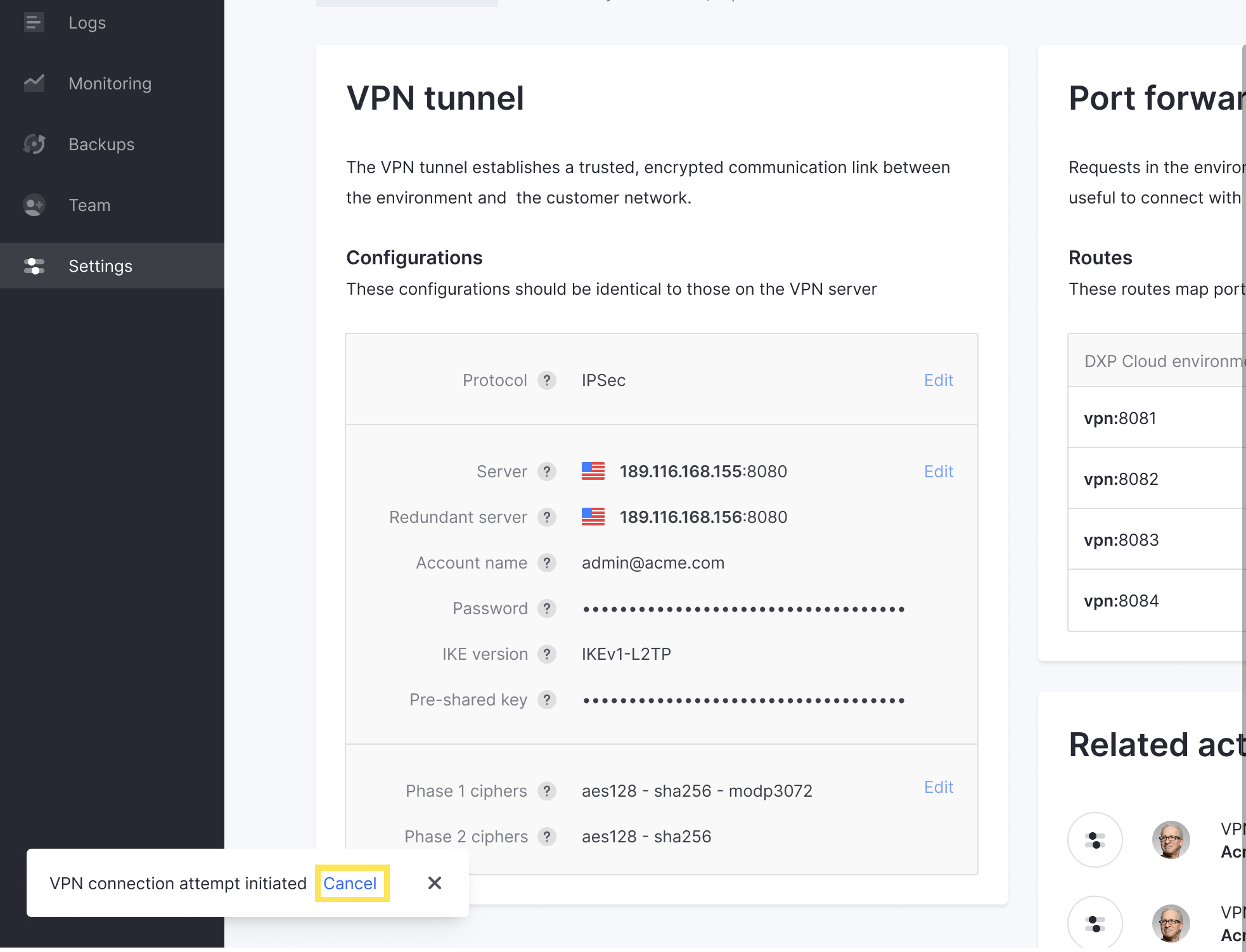 The Disconnect VPN page asks you to confirm the impact of disconnecting before proceeding.