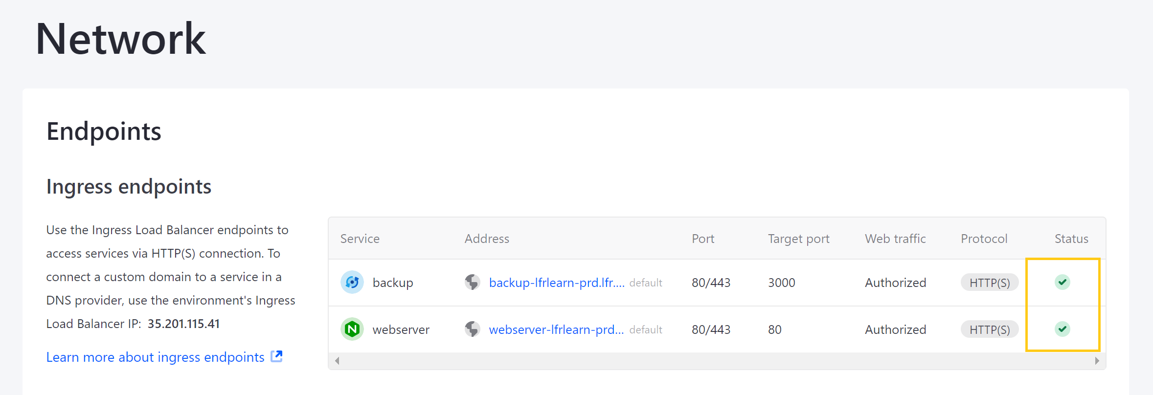 Figure 4: View all your endpoints and custom domains on the Network page.