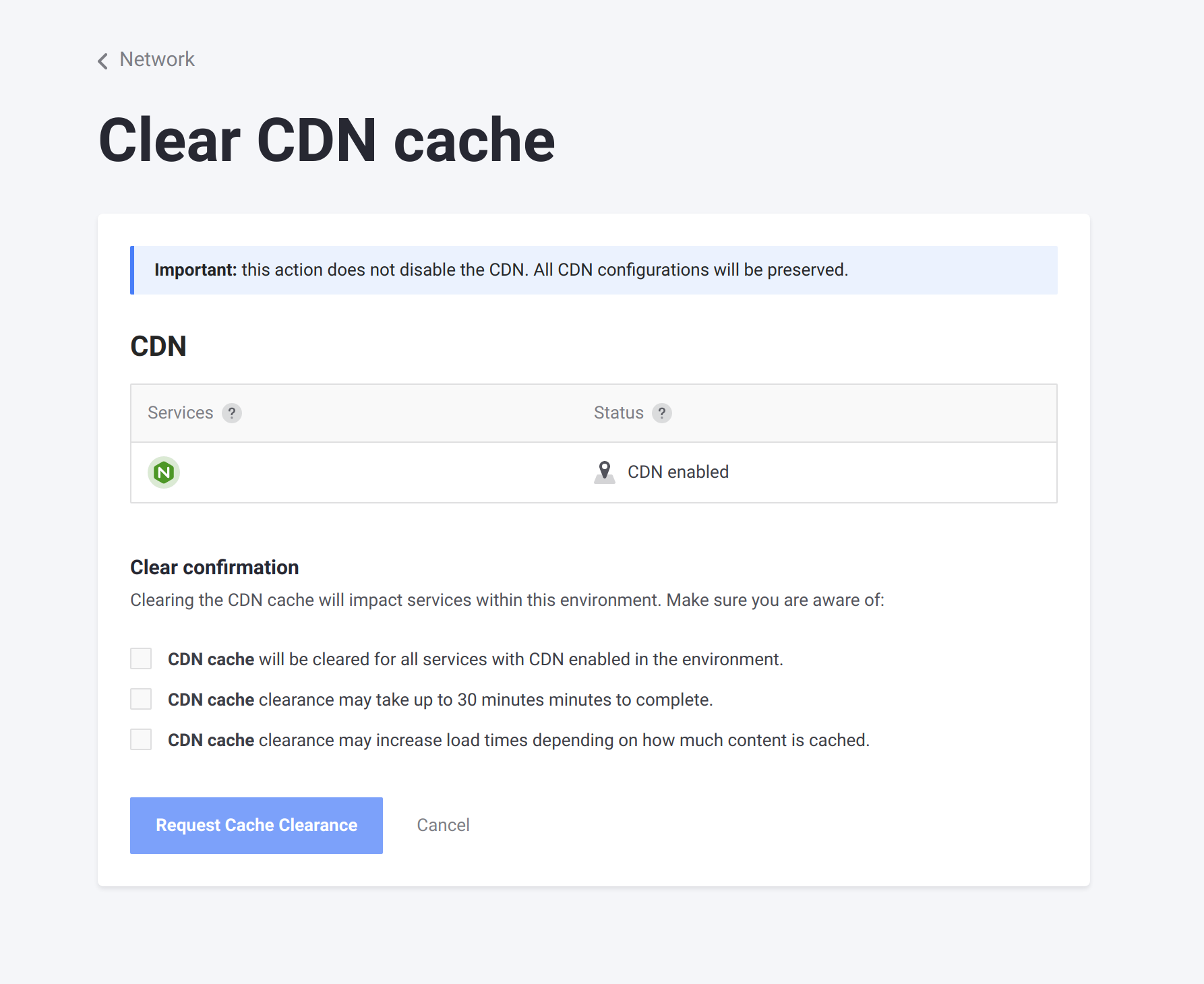 The Clear CDN cache page.