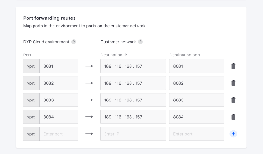 Map ports in your Cloud environment to your VPN's ports using these fields.