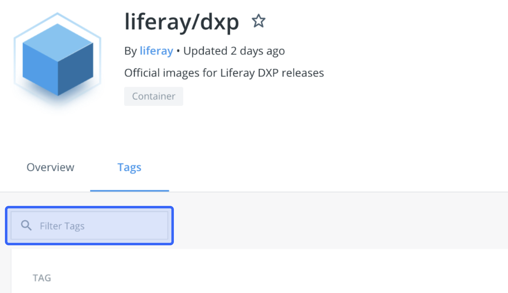 Filter Tagsフィールドを使用して、Liferay DXPイメージのリストをお探しのメジャーバージョンに絞り込みます。