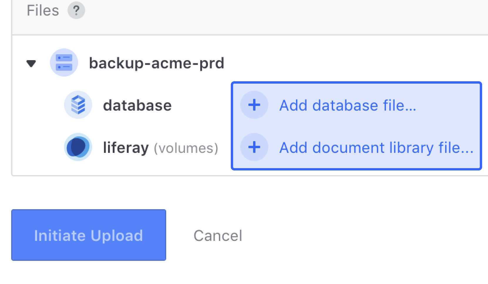 Click the buttons to upload the database and document library as a new backup.