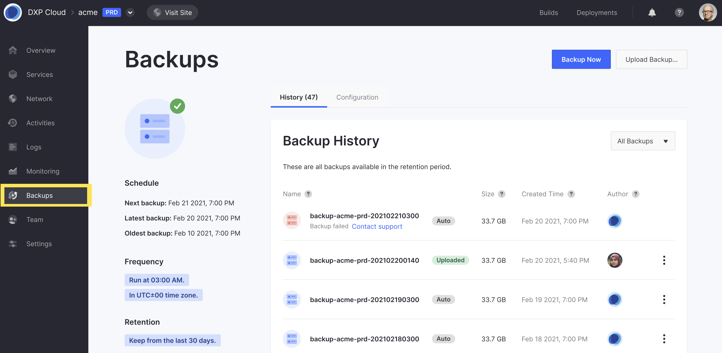 View backup history, create manual backups, and more from the Backups page in any environment.