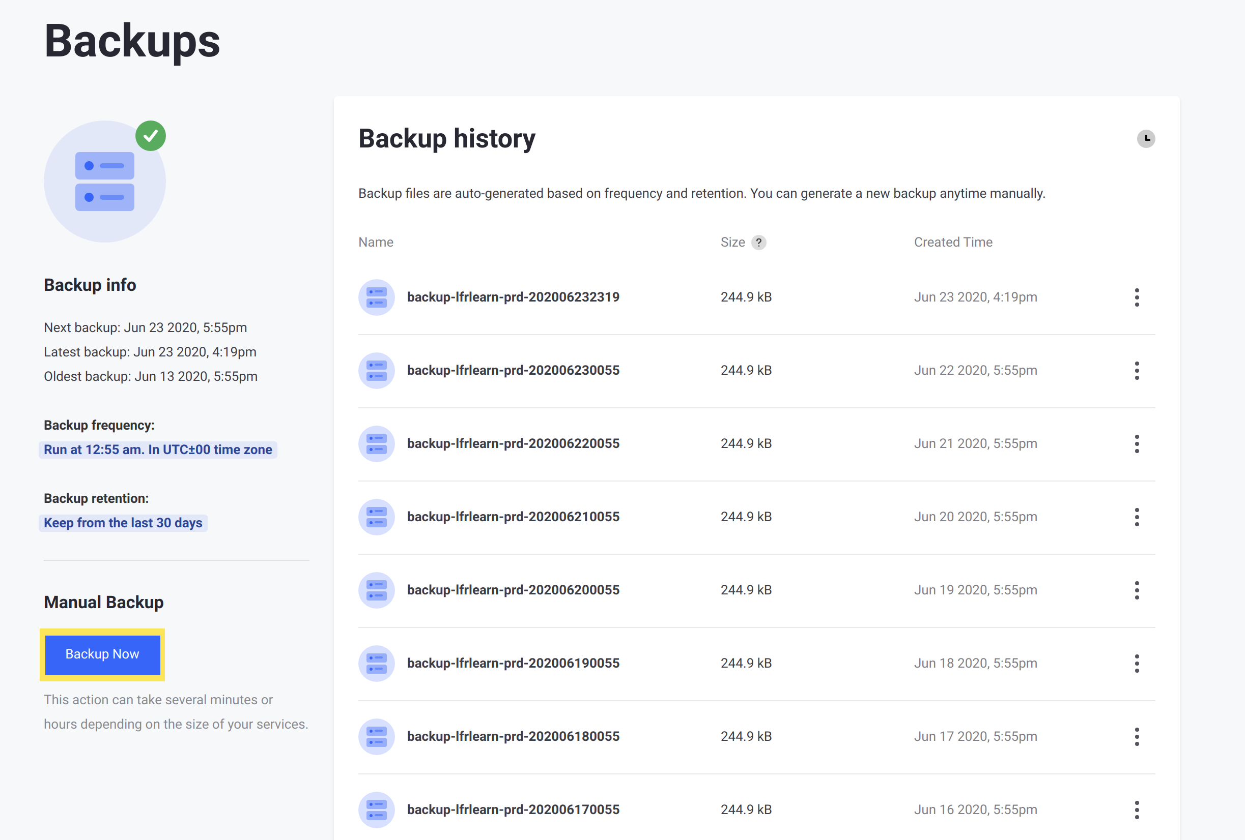 Click Backup Now to create a new backup.
