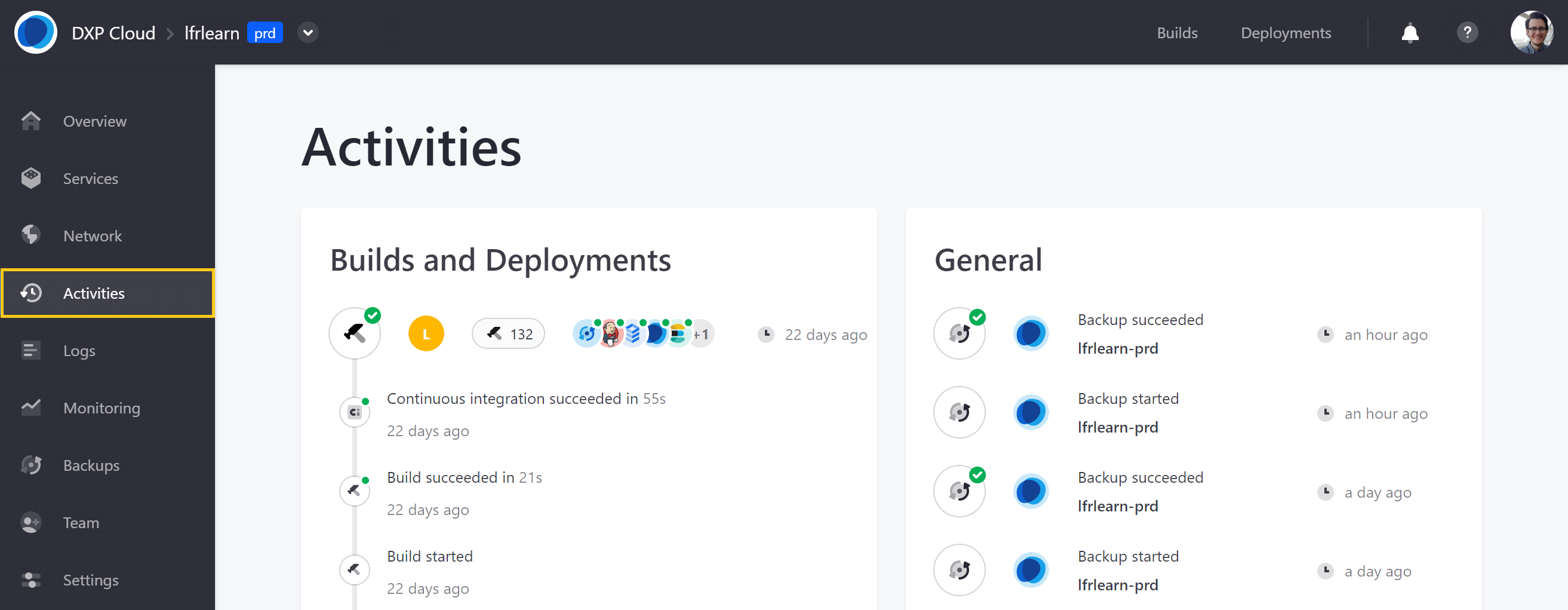 View environment activities from the Liferay Cloud console.