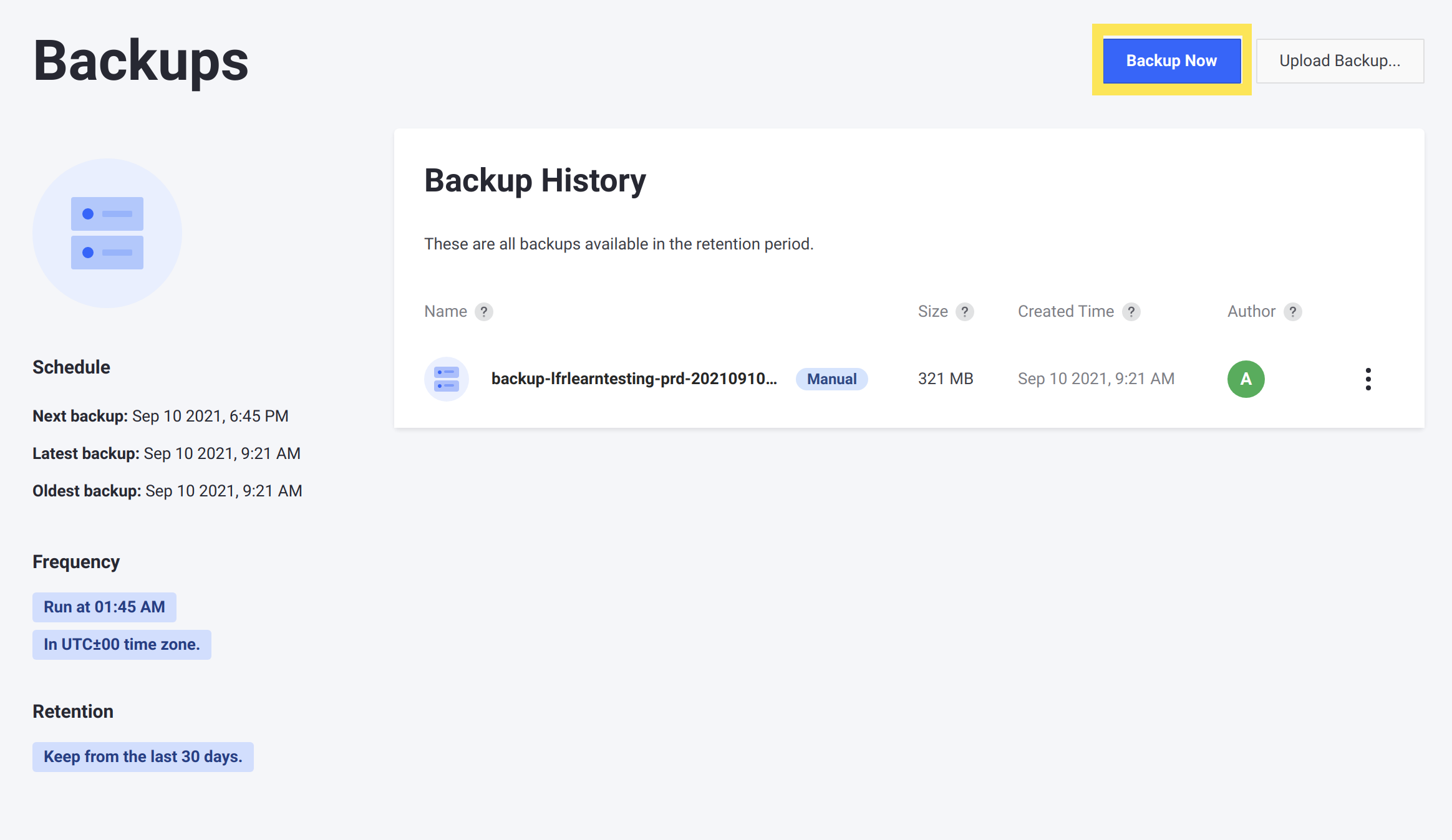 Click Backup Now to manually create a backup for the chosen environment.