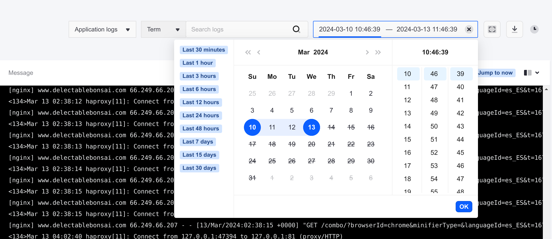 Use the date picker to see logs from a specific date range.