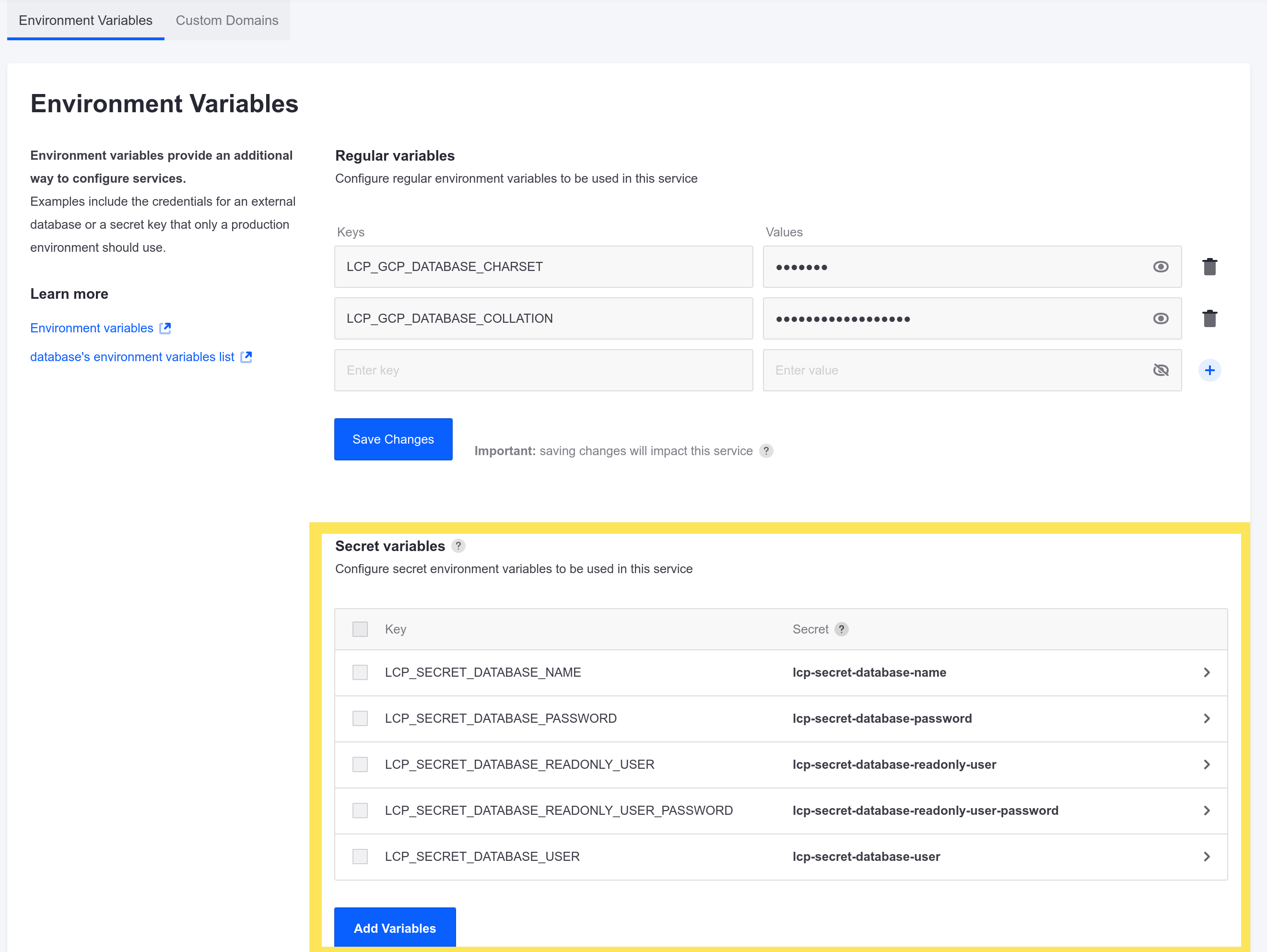 The Environment Variables page lists both regular environment variables and secrets.