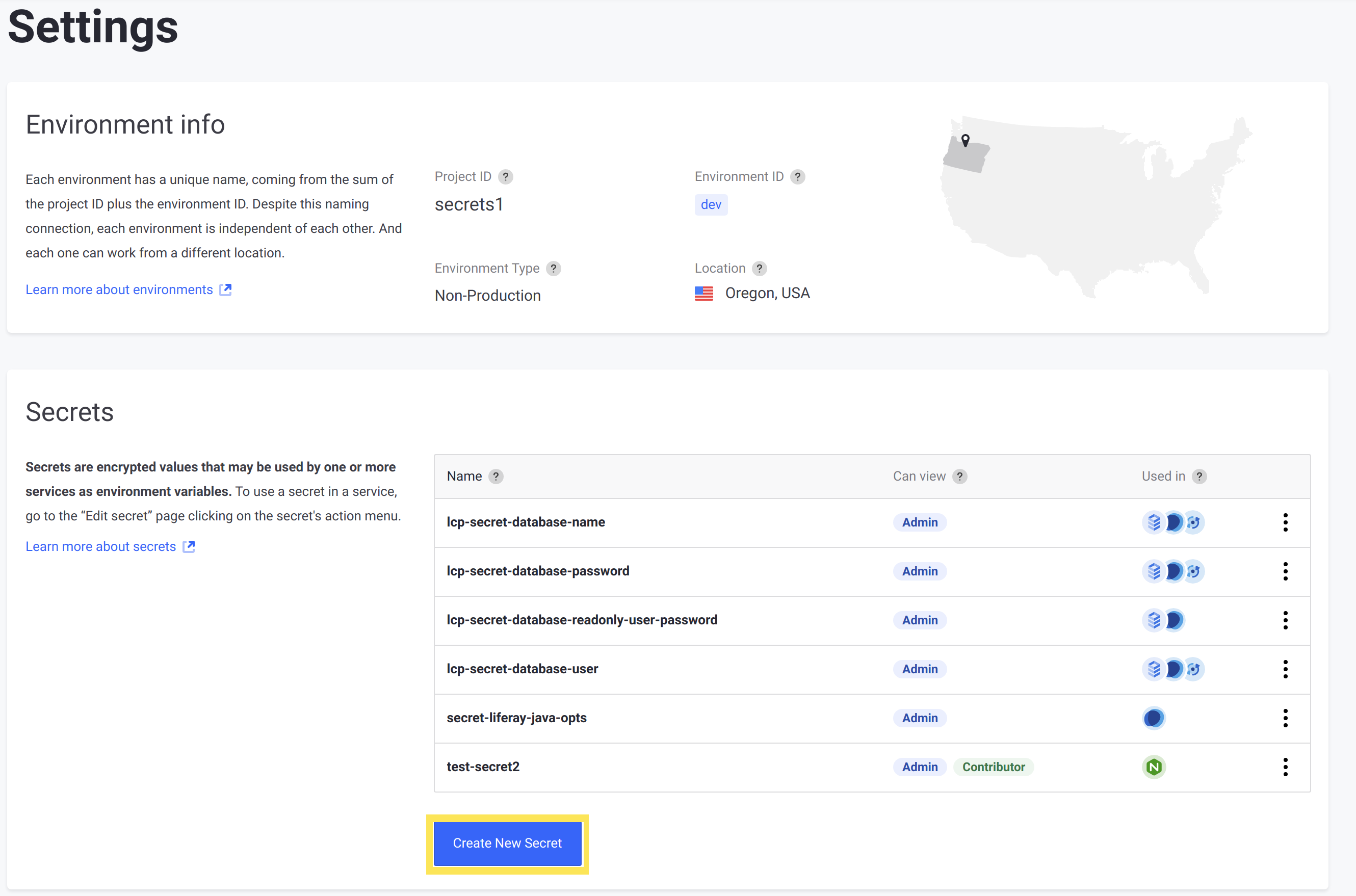 Create a new secret from an environment's Settings screen.