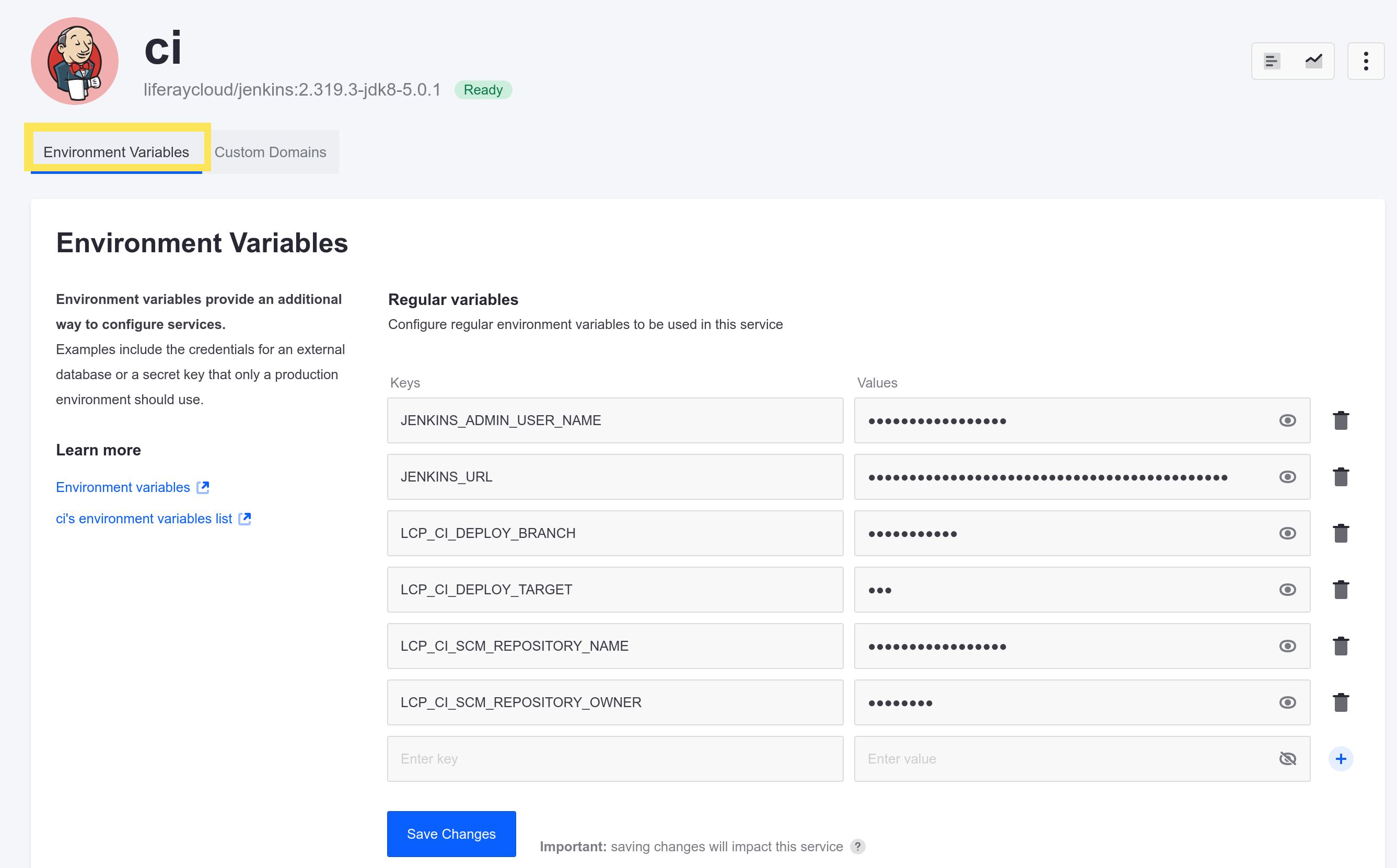 Go to the CI service's page, and click on the Environment Variables tab