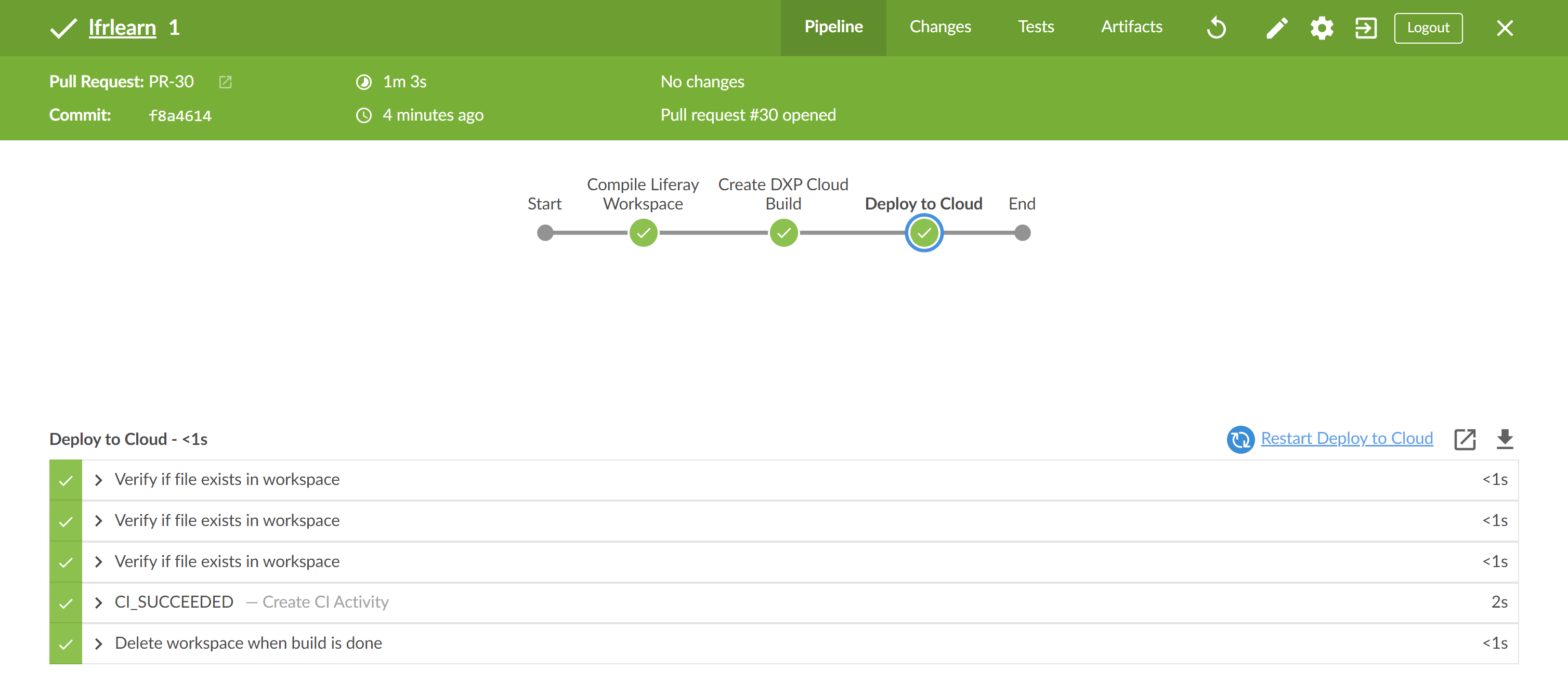 View detailed logs via your project's Jenkins page.